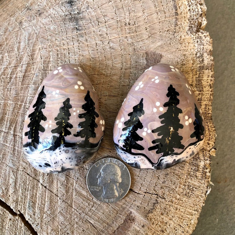 Woodland Painted Rocks. Pine Trees, Paint Pour Rocks. Woodland Home Decoration. Mountain Home Gift, Outdoors Lover Gift, Nature Lover Gift Purple skies