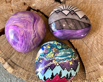 Hand Painted Rocks, Purple Mountains & Abstract Paint Pour for Home Decorations. Rocks Sold Individually. Gift for hiker, outdoors lover.