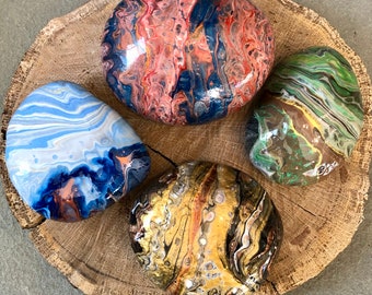 Large Painted Rocks, Abstract Paint Pour Rocks for the Home, Modern Doorstop or Bookend, Functional Art, Large Painted Stone, Fluid Art Rock