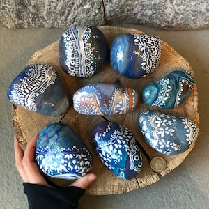 Large Painted Rocks. Nature Inspired Art, Original Blue Art Decoration, Rock Doorstop, Rock Bookend. Blue Nature Painted Stones. Blue Decor