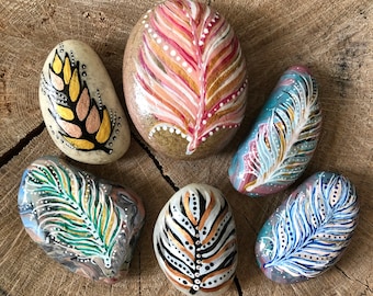 Hand Painted Rocks, Assorted Selection of Feather Painted Rocks. Makes a Great Boho Gift, Simple Home Accessories. Sold Individually.