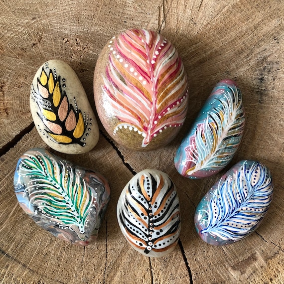 Hand Painted Rocks, Assorted Selection of Feather Painted Rocks. Makes a  Great Boho Gift, Simple Home Accessories. Sold Individually. 