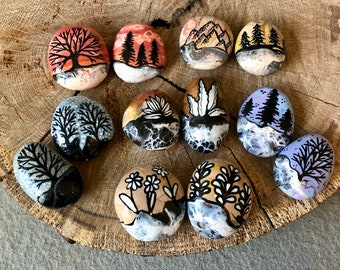 Small Hand Painted Rocks. Original, Nature Inspired Artwork for Home Decoration for Nature Lover. Paint Poured Stones.