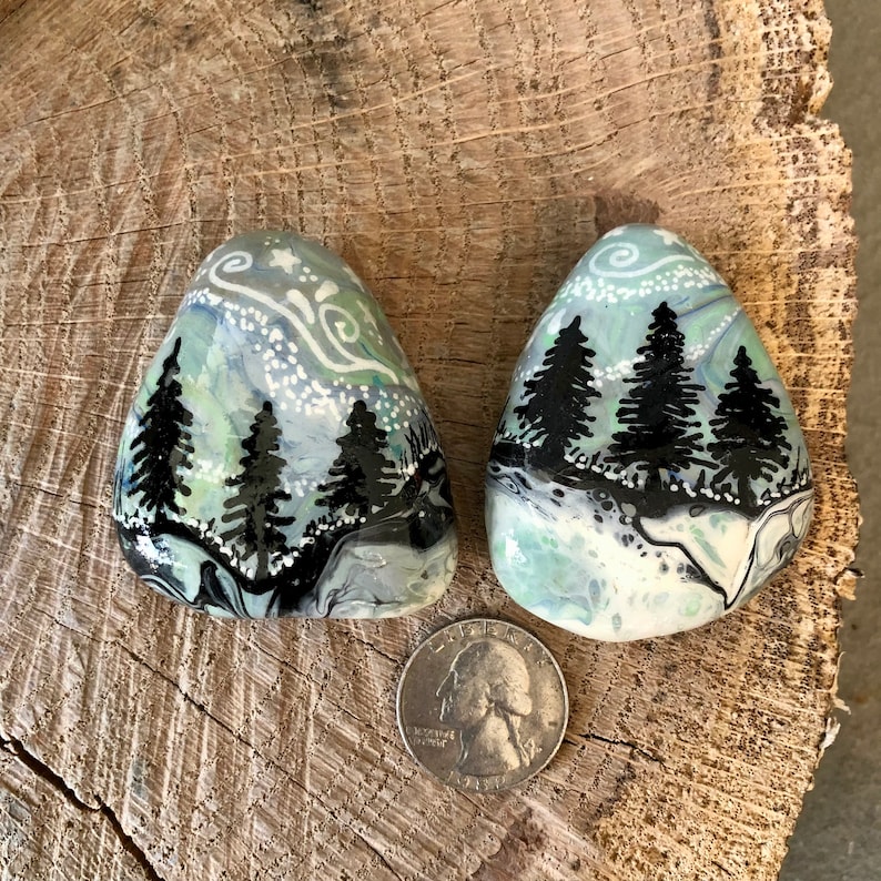 Woodland Painted Rocks. Pine Trees, Paint Pour Rocks. Woodland Home Decoration. Mountain Home Gift, Outdoors Lover Gift, Nature Lover Gift Majestic skies