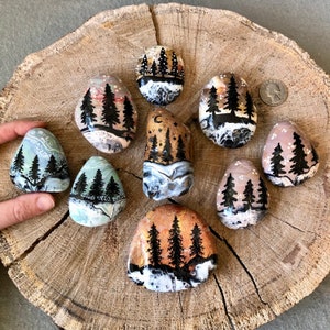 Woodland Painted Rocks. Pine Trees, Paint Pour Rocks. Woodland Home Decoration. Mountain Home Gift, Outdoors Lover Gift, Nature Lover Gift image 3