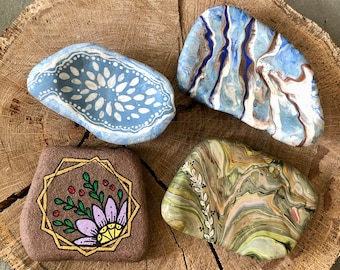 Hand Painted Rocks, Naturally Formed Trinket Dish. Paint Poured, Hand Painted Catchall. Handmade Gift for Nature Lover. Hand Painted Stone