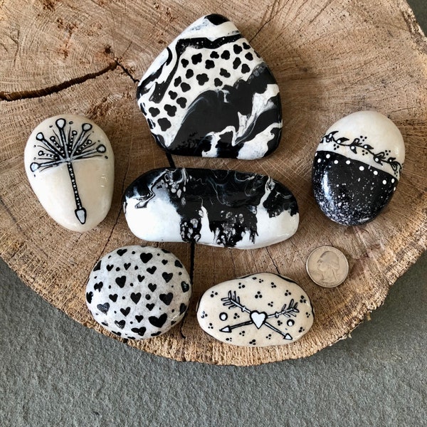 Hand Painted Rocks, Black & White Decorative Rocks, Arrows, Hearts, Vines, Dandelion Seed and Paint Pour Rocks. Home Decorations.