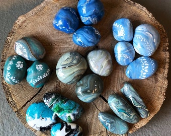 Blue Paint Poured Rocks, Fluid Art Rocks, Hand Painted Rocks/Stones, Blue Bowl Filler, Handmade Gift, Nature Inspired Art, Nature Gift