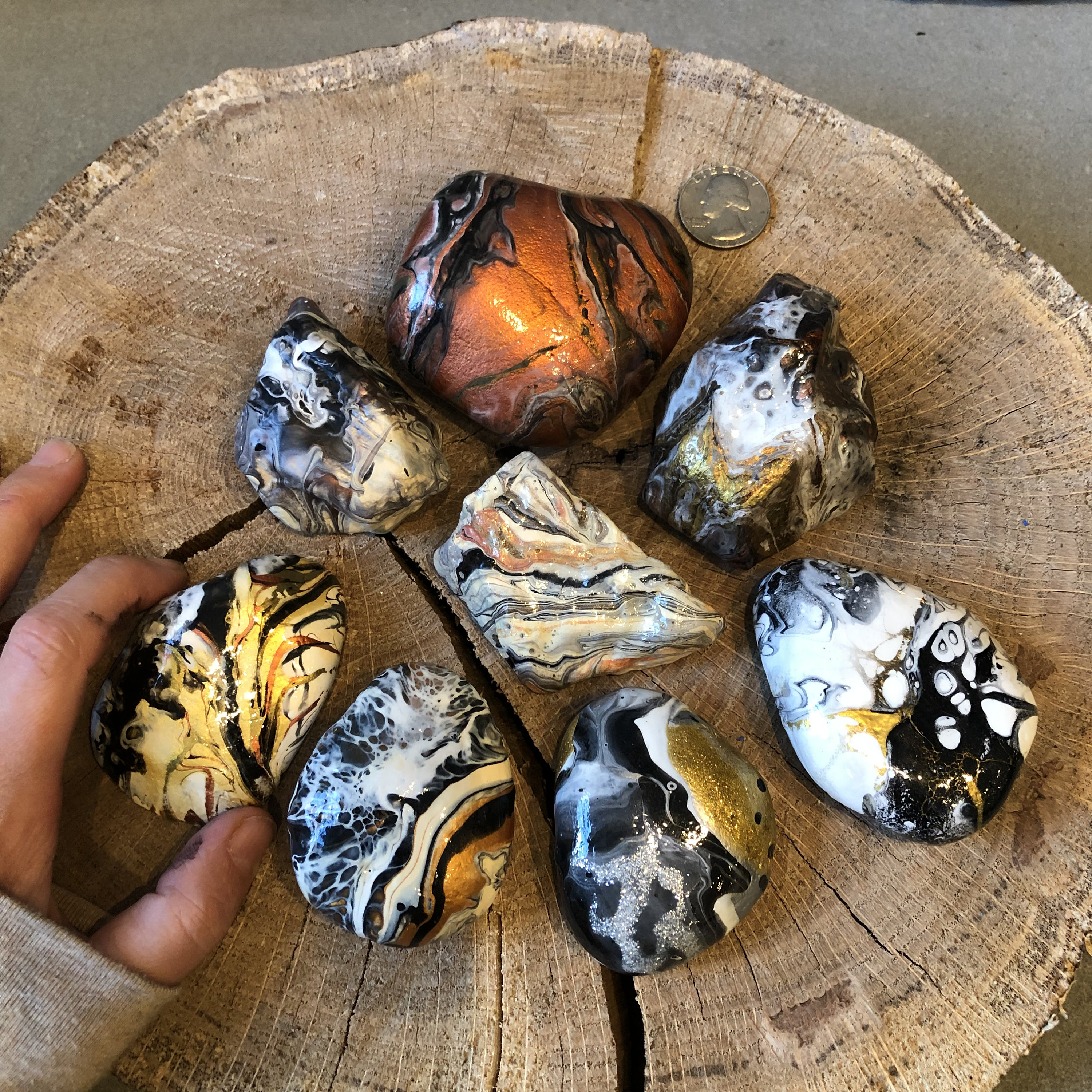 Metallic Painted Rocks, Paint Pour Rocks for Home Decor, Original Abstract Art, Inspired by Nature. Fluid Art Rocks, Painted Stones. Artful