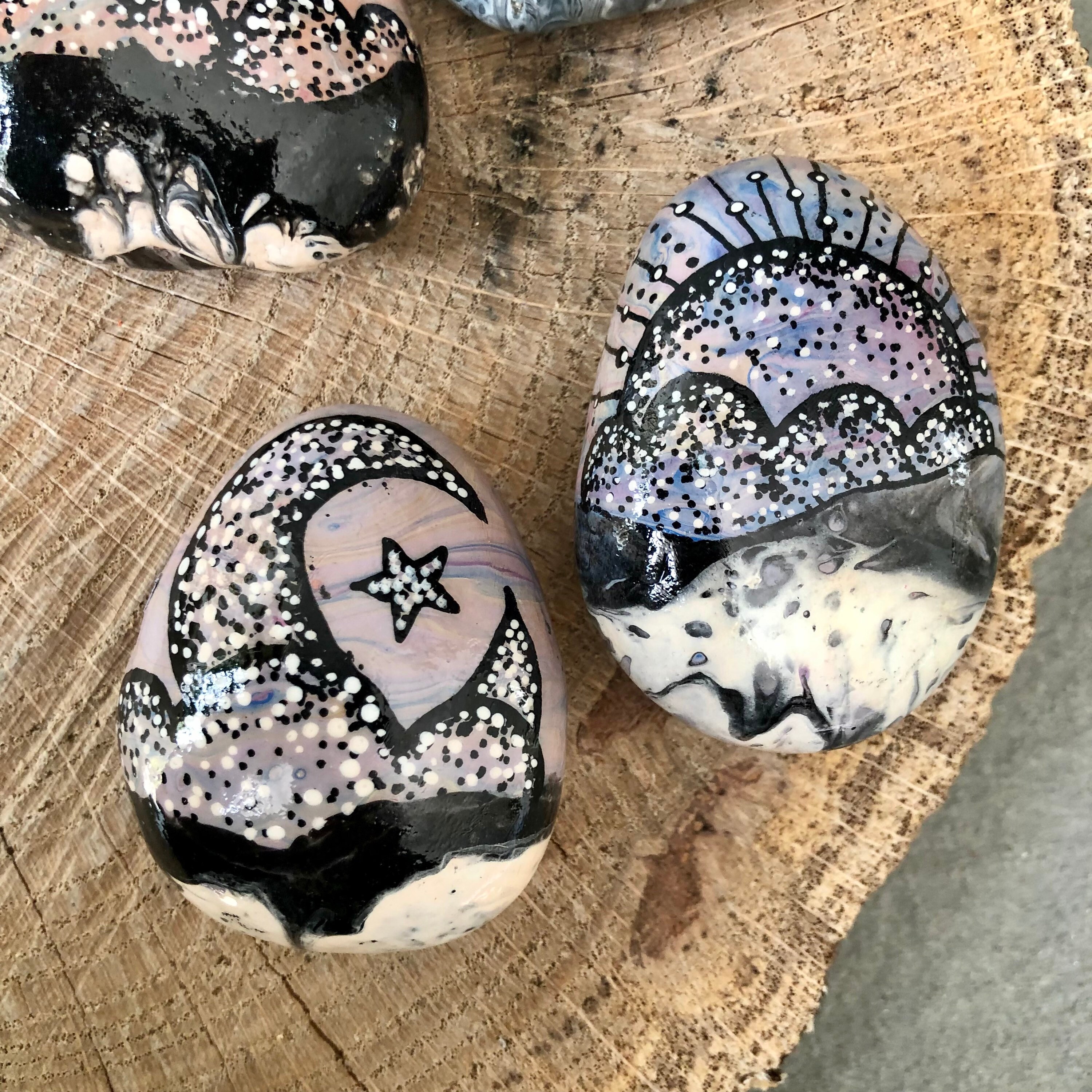 Hand Painted Rocks. Sun & Moon Original Rock Art. Display on Coffee ...