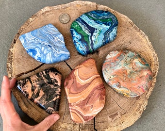 Paint Poured  Rocks, Sold Individually for Unique Trinket Plate, Handmade, Nature Inspired Art Gifts. Naturally flat painted rocks.