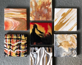 Mini Painted Canvas 3 x 3, Abstract Paint Pour, Fluid Art Paintings, Small Canvas Abstract Paintings, Sold Individually, Small Space Art