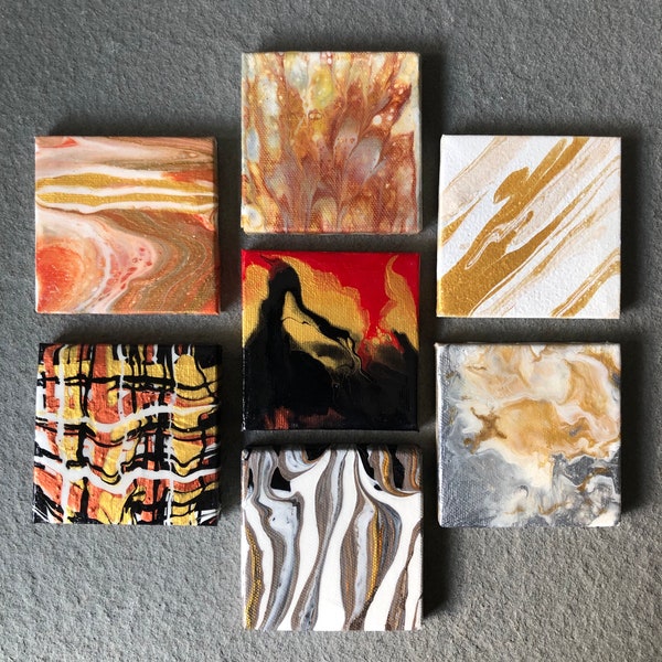 Mini Painted Canvas 3 x 3, Abstract Paint Pour, Fluid Art Paintings, Small Canvas Abstract Paintings, Sold Individually, Small Space Art