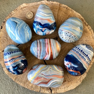 Painted Rocks Blue Paint Pour Art Rocks, Nature Inspired Art