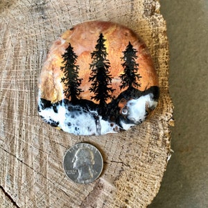 Woodland Painted Rocks. Pine Trees, Paint Pour Rocks. Woodland Home Decoration. Mountain Home Gift, Outdoors Lover Gift, Nature Lover Gift Golden fire sky