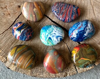Paint Poured Rocks, Assorted Selection of Painted Rocks for Home Decorations. Fluid Art Rocks, Abstract Painted Rocks, Good Luck Charm