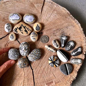 Assorted Hand Painted Rocks for Home Decor, Nature Inspired Art, Painted Stones, Small Painted Rock Collection, Stone Bowl Fillers