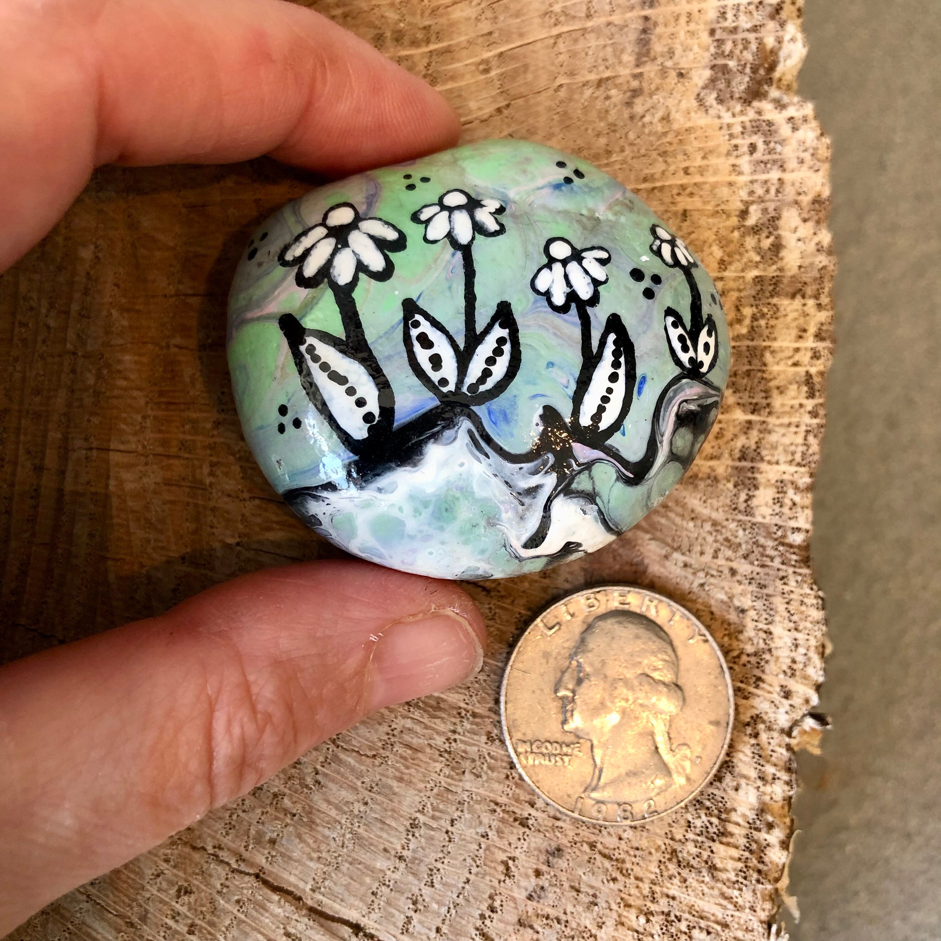 Hand Painted Rocks, Paint Pour With Flowers for Home Decor Handmade Gift  Original Painted Rock Art, Nature Lover Gift, Paper Weight Rock 