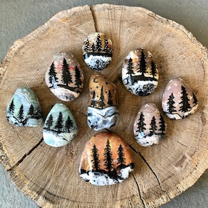 Woodland Painted Rocks. Pine Trees, Paint Pour Rocks. Woodland Home Decoration. Mountain Home Gift, Outdoors Lover Gift, Nature Lover Gift image 1