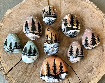 Woodland Painted Rocks. Pine Trees, Paint Pour Rocks. Woodland Home Decoration. Mountain Home Gift, Outdoors Lover Gift, Nature Lover Gift