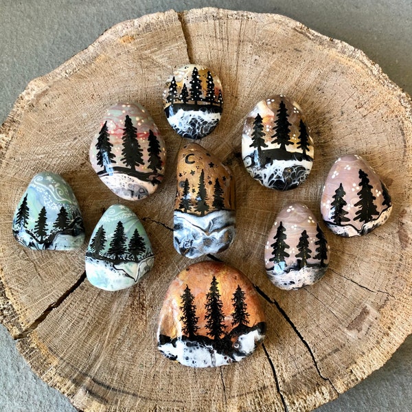 Woodland Painted Rocks. Pine Trees, Paint Pour Rocks. Woodland Home Decoration. Mountain Home Gift, Outdoors Lover Gift, Nature Lover Gift