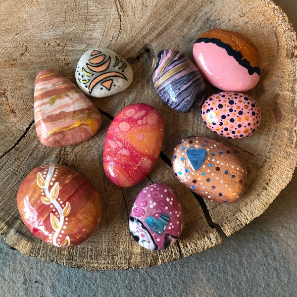 Hand Painted Rocks, Assorted Pinks Paint Pour Rocks, Painted Stones Home Decoration, Gift for Her, Gift for Teen. Gift Ready to Ship