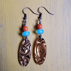 Tiger Stripe Acrylic Earrings: Orange & Blue Glass Bead Dangle