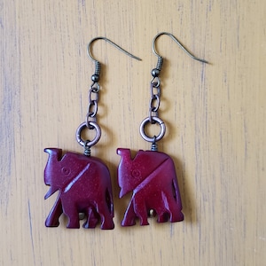 Trunks Up! Earrings | Red Wooden Elephant with Copper Chain Link and Gold Cube Seed Bead Fish Hook
