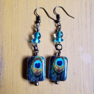 Blue Peacock Earrings | Teal Peacock Rectangular Glass Bead with Teal Royal Blue Rondelle Glass Beads Gold Accent Bead Gold Fish Hooks