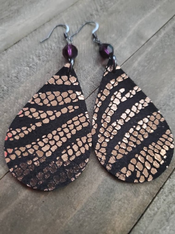 Metallic Zebra Earrings Black Suede Metallic Zebra Tiger Animal