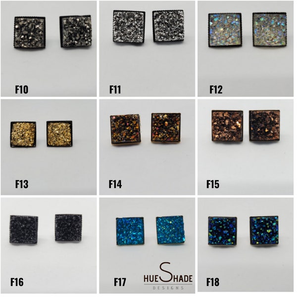 Assorted Colors Square Faux Druzy Earrings | 12x12mm Silver, Gunmetal, Copper, Gold, Teal, and Blue Square Studs in Stainless Steel Setting