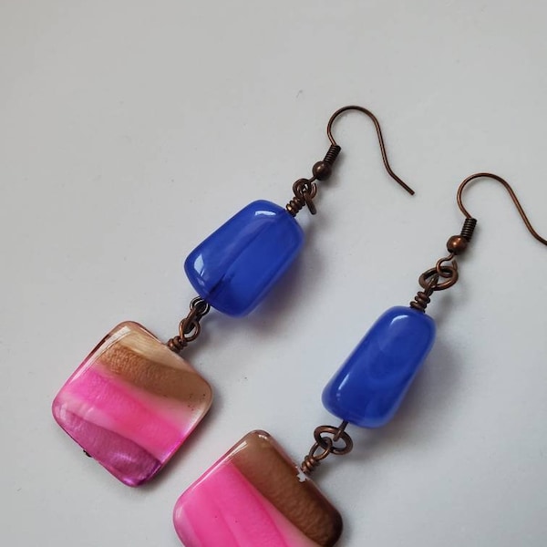 Pink Sky Earrings | Pink, Purple, Brown, and Beige Glass Shell Square Beads with Creamy Royal Blue Acrylic Beads with Copper Fish Hooks