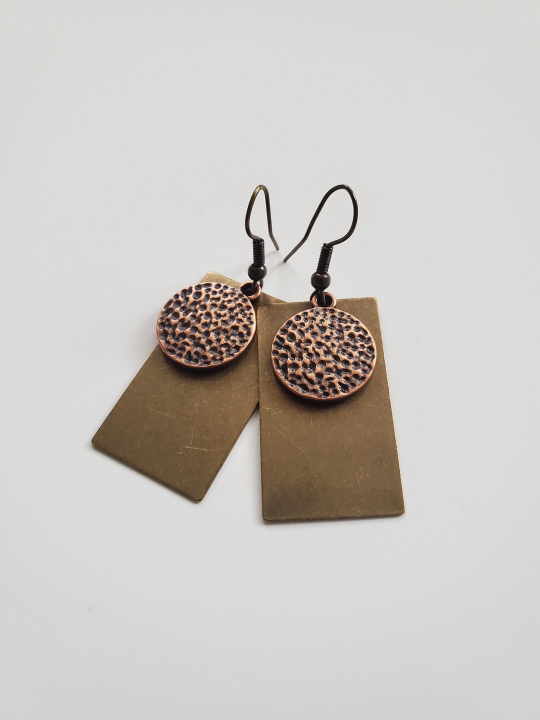 Copper Gong Earrings Brass Rectangle Pendant, Hammered Circle Copper