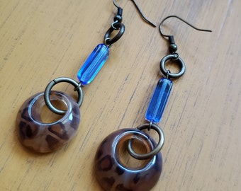 Feline Blue Earrings |  Vintage Acrylic Tortoise Circle Hoop Topped with Acrylic Blue Bead Bead Brass Fish Hooks