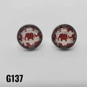 Abstract Sorority Earrings I 14mm School Color Red and White Cream Polka Dot Checkerboard Elephant Animal Print Studs in Stainless Steel