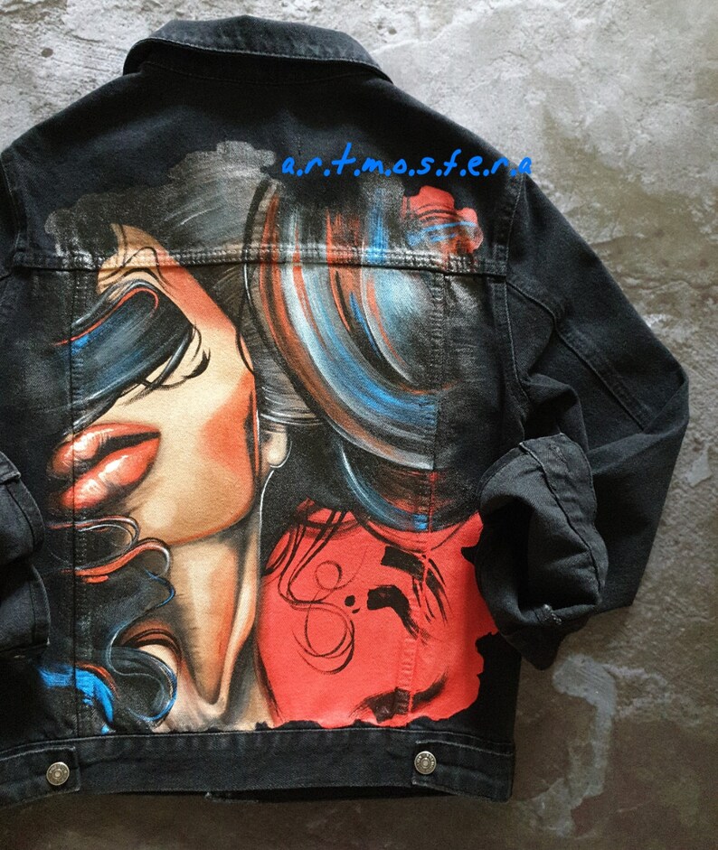 Customized denim jacket Hand painted black jacket women/'s Hand painted denim Jacket painted Custom jacket for woman Denim art Jacket custom