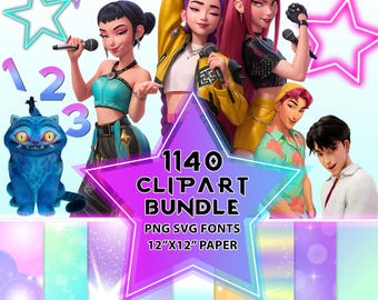 Kpop-clipart, Huntrix PNG SVG-lettertype papierbundel met K-pop-alfabet, Demon Hunters K-pop digitale achtergrondbestanden, Rumi Mira Zoey Saja Boys