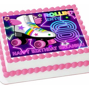 DIGITAL FILE Skate Party Cake Topper Birthday Party Instant Download Image Printable Template Corjl Roller Skating Retro Neon Lights Round