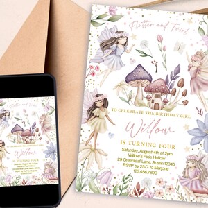 Pode incluir: Um convite de aniversário temático de fadas com um esquema de cores rosa e dourado. O convite apresenta uma fada com asas e uma coroa de flores, cercada por flores e cogumelos. O texto diz "Flutter and Twirl, Willow is turning four".