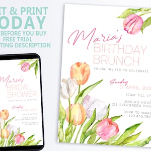 EDITABLE Birthday Brunch Watercolor Tulips Bridal Shower Party Invitation Instant Download Image Printable Template Corjl Wildflower Flower