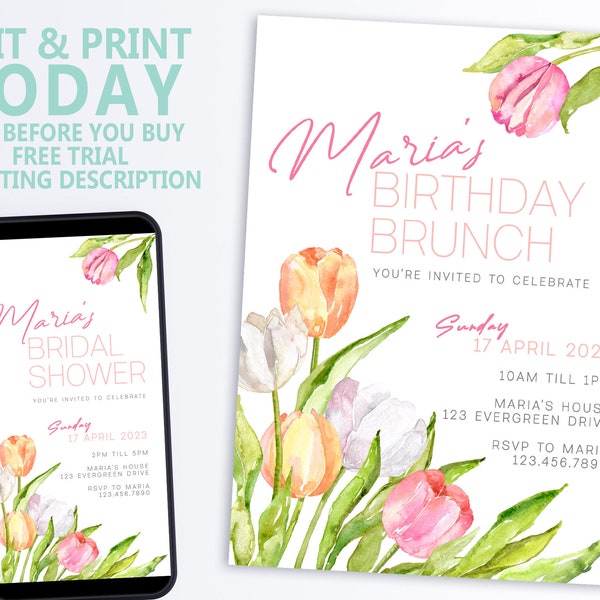 EDITABLE Birthday Brunch Watercolor Tulips Bridal Shower Party Invitation Instant Download Image Printable Template Corjl Wildflower Flower