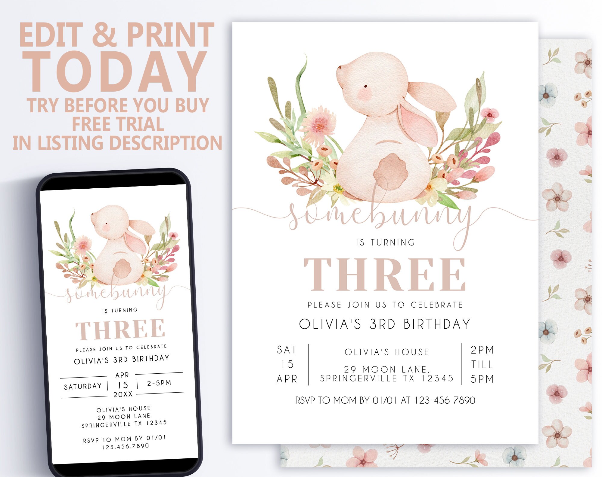 EDITABLE Bunny Invitation Birthday Party Instant Download Image ...