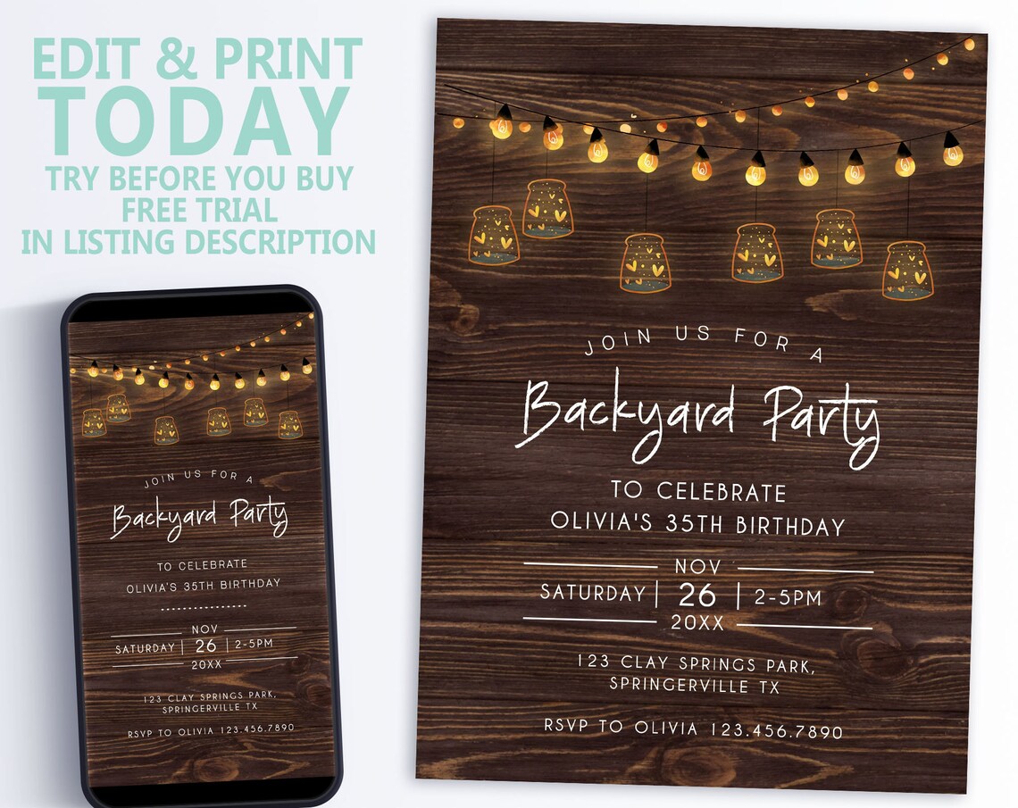 EDITABLE Backyard Party Invitation Instant Download Image Printable EDITABLE Backyard Party Invitation Instant Download Image Printable