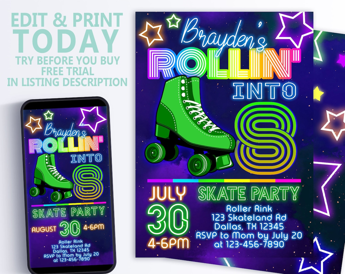 EDITABLE Skate Party Invitation Birthday Party Instant Download Image EDITABLE Skate Party Invitation Birthday Party Instant Download Image
