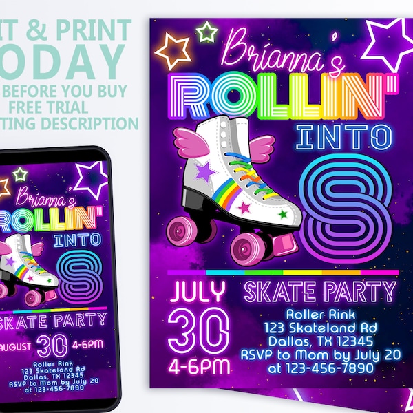 EDITABLE Skate Party Invitation Birthday Party Instant Download Image Printable Invitation Template Corjl Roller Skating Retro Neon Lights