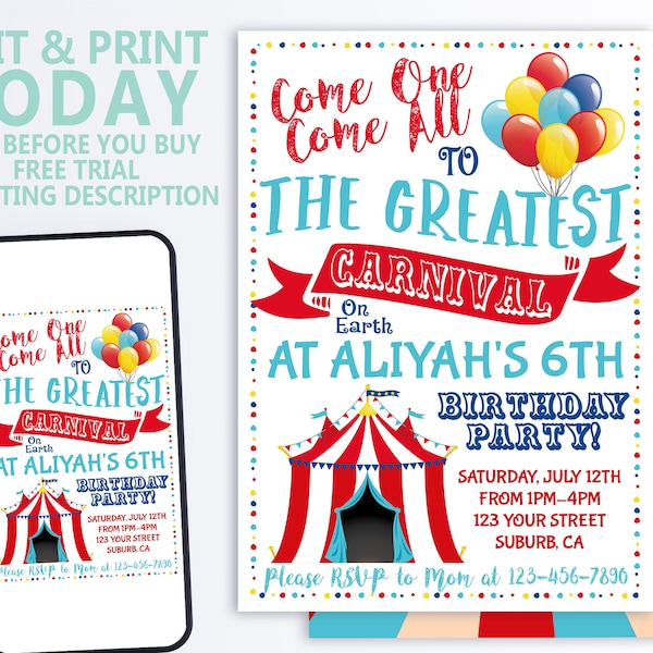 EDITABLE Carnival Circus Invitation Birthday Party Instant Download Image Printable Invitation Template Corjl