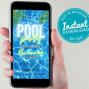 Neon Blue Pool Party Theme Birthday Party Invitation Instant Download Image File Printable Invite E-vite Template Corjl Summer Swim Flyer