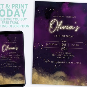 EDITABLE Gold Galaxy Birthday Party Invitation Instant Download Image Printable Invitation Template Corjl evite text Purple Space Neon