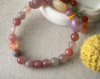 8.5mm Assorted Agate Grade A Natural Bead Bracelet Health Circulation Red Pink Tone with Carved Flower