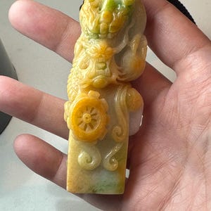82mm Yellow Green Jadeite Jade Carved Dragon Landscape Statue Display Stamp